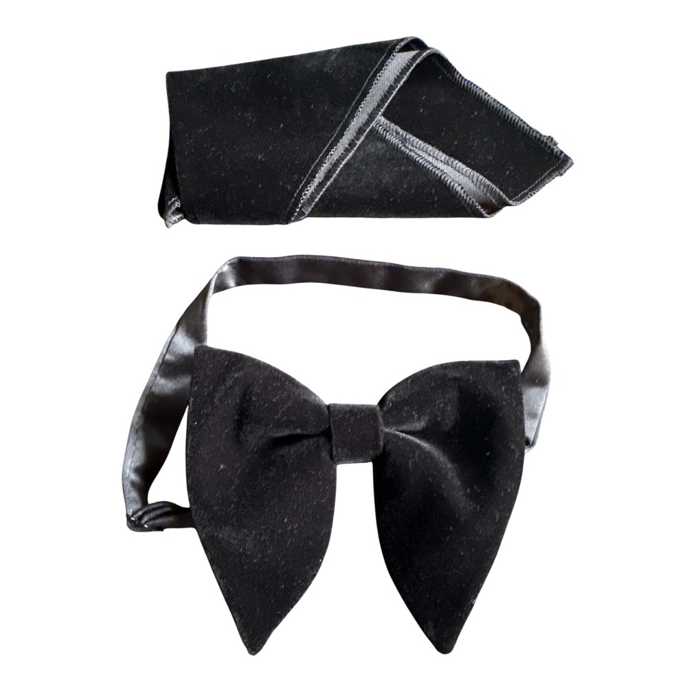 Mens Black Velvet Bow Tie and Pocket Square Set Adjustable Formal Prom Tuxedo